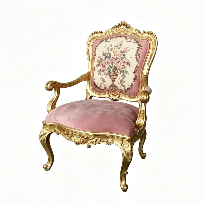 Vintage French Gilded Carved Fauteuil Armchair, Dusty Pink Velvet & Floral Tapestry Upholstery Luxury Accent Chair