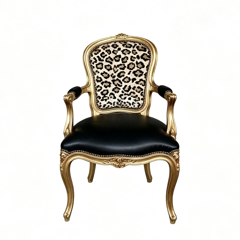 Vintage Gold Carved Louis XV Accent Armchair, Leopard Print Back & Black Leather Upholstered Decor Chair