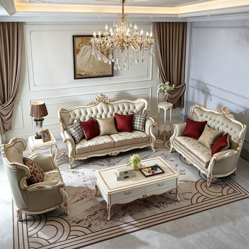 French Rococo Solid Wood Carved Sofa Set, Luxury Villa Living Room Button Tufted Fabric & Leather Combination Sofa