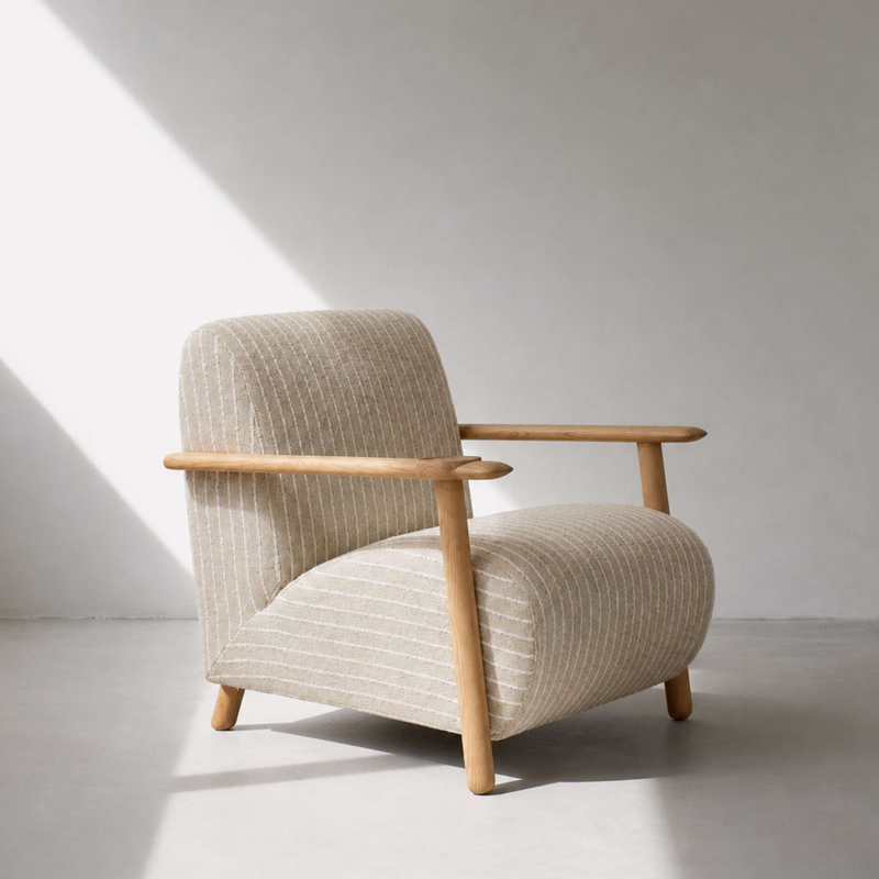 Kylix leisure chair Organic Modern Style, Solid Wood Armrest Frame with Striped Fabric Upholstery, Low-profile Enveloping Seat, for Living Room, Reading Nook & Conversation Space