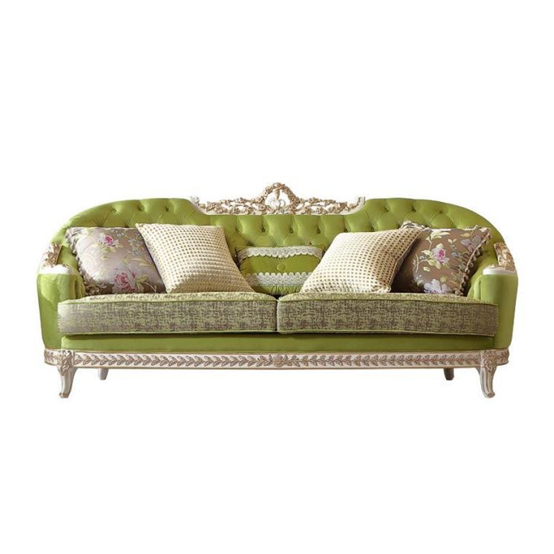 Luxury Vintage French Carved Solid Wood Sofa Set, Gold Gilded Ornate Living Room Furniture, Green Floral Upholstered Couch Suite for Villa