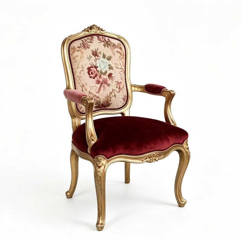 French Rococo Gilded Carved Armchair, Vintage Floral Tapestry & Burgundy Velvet Accent Chair