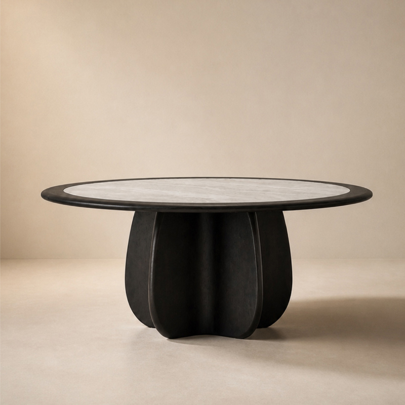 Carambola Dining Table Organic Modern Style, Round Tabletop with Sculptural 5-Petal Central Pedestal Base, for Luxury Dining Room & Public Space