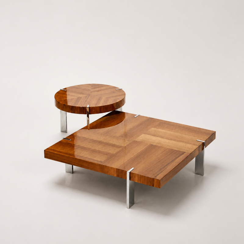 Madison Coffee table Mid-Century Modern Loft Style, Veneer Wood Top with Slender Metal Supports, Urban Luxury Living Room