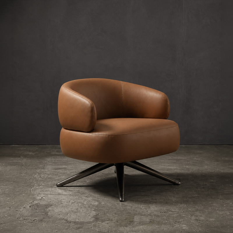 Pompon leisure chair Organic Modern Leather Swivel Chair | Rounded Voluminous Accent Chair for Living Room, Reading Nook & Lounge Space
