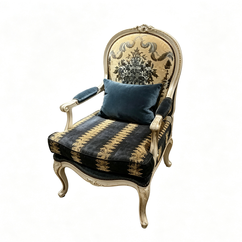 French Baroque Distressed Carved Floral Tapestry Armchair