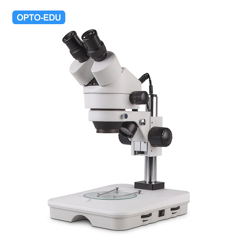 Microscopio estéreo con zoom binocular, 0,7x~4,5x, soporte de poste cuadrado, LED arriba y abajo