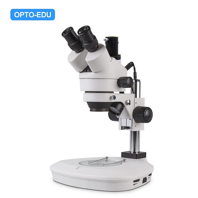 Trinokulært zoom stereomikroskop, 0,7x~4,5x, stangstativ, op og ned LED