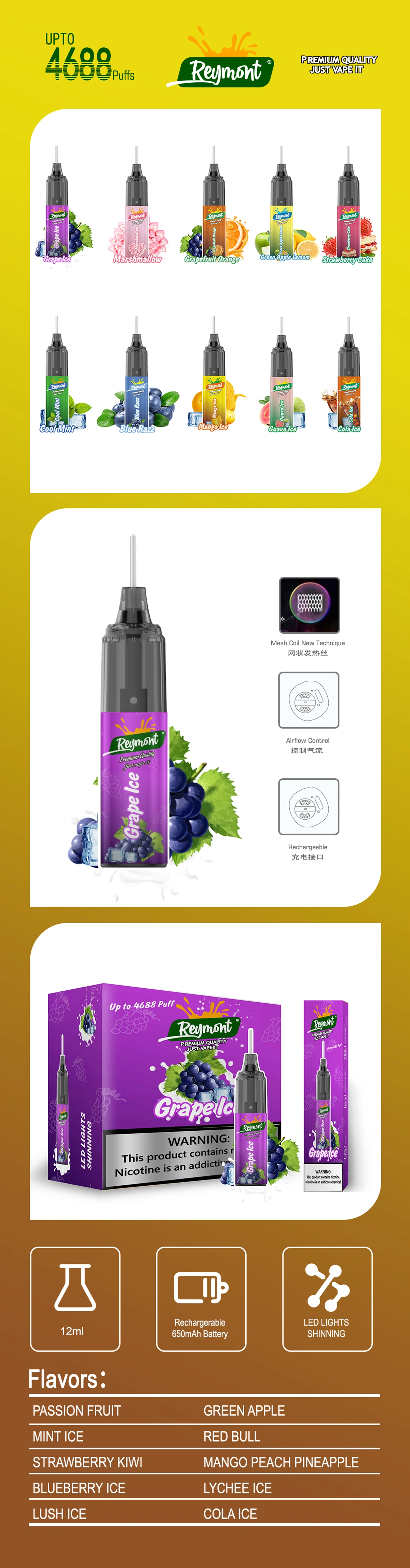 Reymont 4688, 4688 Puffs, Mesh Coil, New Technique, Disposable Vape pen, 12ML Capacity, Airflow Control, Rechargeable Battery, Disposable Electronic Cigarette, LED LIGHTS Shinning, Reymont Disposable, Reymont Vape pen