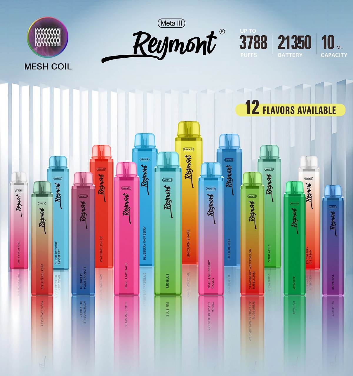 Reymont Meta III Mesh Coil up to 3788 Puffs 21350 Battery 12ML Capacity Disposable Electronic Cigarette Vape pen