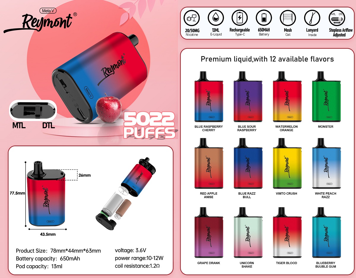 Reymont Meta V, Reymont 5022, Reymont Disposable Box, Reymont Disposable, Reymont Vape, Disposable Vape pen, 5022 Puffs, Airflow Control, Rechargeable, Mesh Coil, Electronic Cigarette, Reymont Electronic Cigarette, Disposable Electronic Cigarette