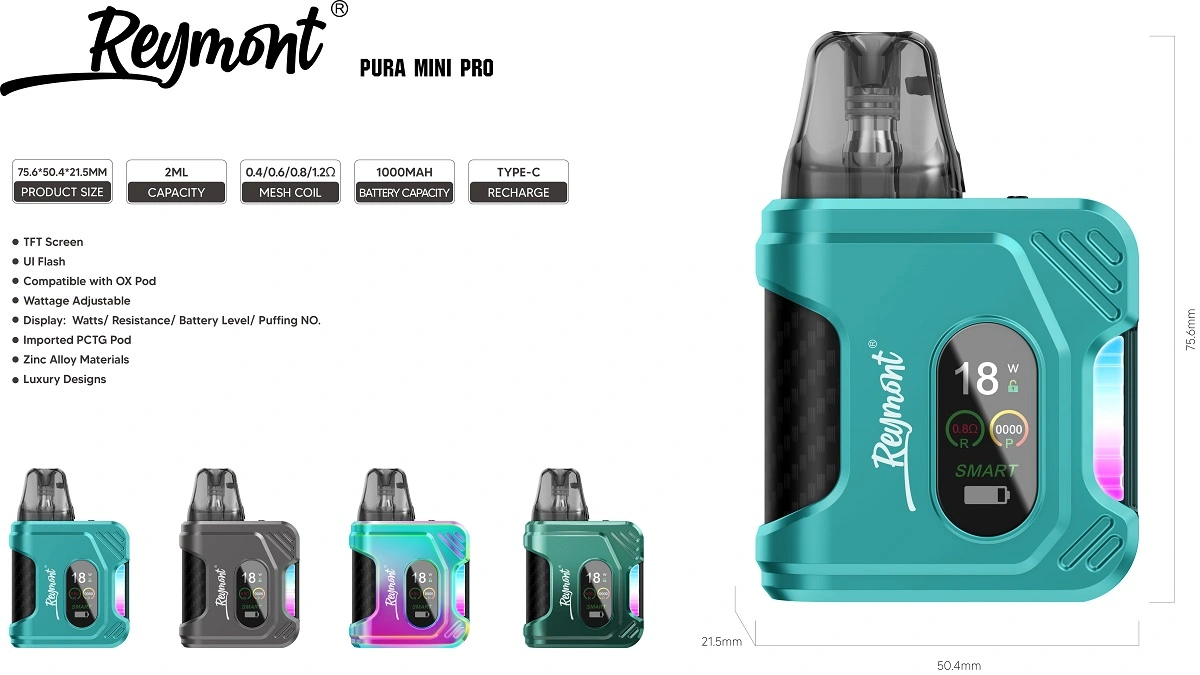 Reymont Pura Mini Pro, Reymont Mini Pro, Pura Mini Pro, Pod System, Reymont Pura, TFT Screen, Adjustable Wattage, Airflow Control, Replaceable Pod, Refillable Pod