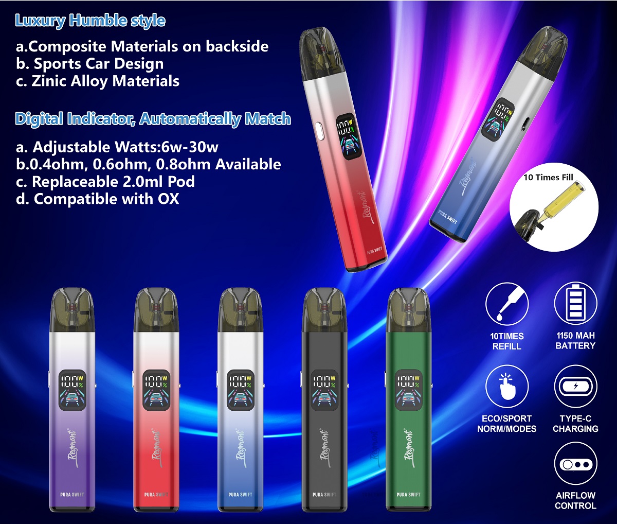 Reymont Pura Swift, Reymont Swift, Pura Swift, Pura Vape, Pura Pod, Reymont Pod, Reymont Pura, High Cost Effective, Replaceable Refillable Pod System, Reymont Vape Pen