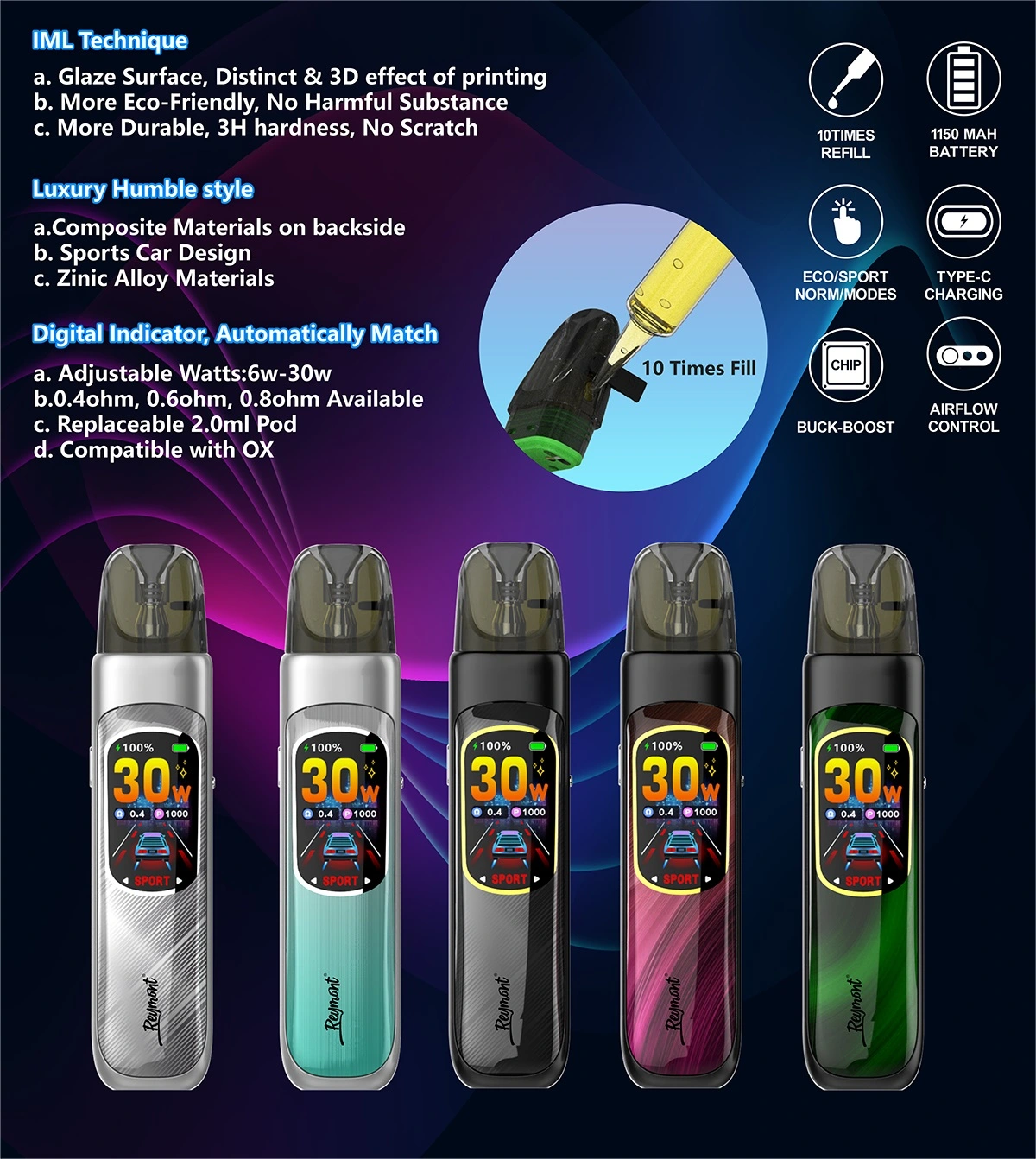Reymont Pura Steeze, Reymont Steeze, Pura Steeze, Reymont Pura, IML Technique, Digital Indicator, Replaceable 10Times Refill, Pod System, Reymont Vape Pen, Pura Vape, Reymont Pod, Pura Pod, Steeze Pod
