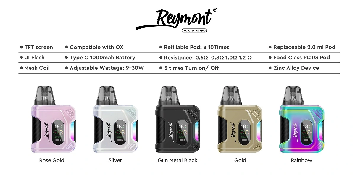 Reymont Pura Mini Pro, Reymont Mini Pro, Pura Mini Pro, Pod System, Reymont Pura, TFT Screen, Adjustable Wattage, Airflow Control, Replaceable Pod, Refillable Pod