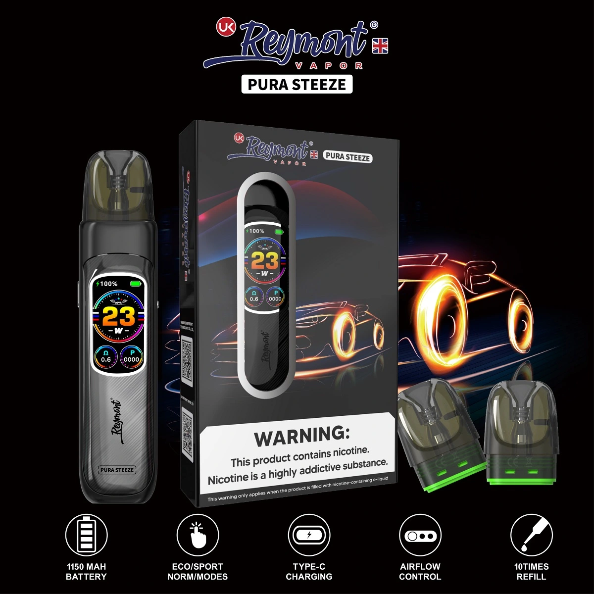 Reymont Pura Steeze, Reymont Steeze, Pura Steeze, Reymont Pura, IML Technique, Digital Indicator, Replaceable 10Times Refill, Pod System, Reymont Vape Pen, Pura Vape, Reymont Pod, Pura Pod, Steeze Pod