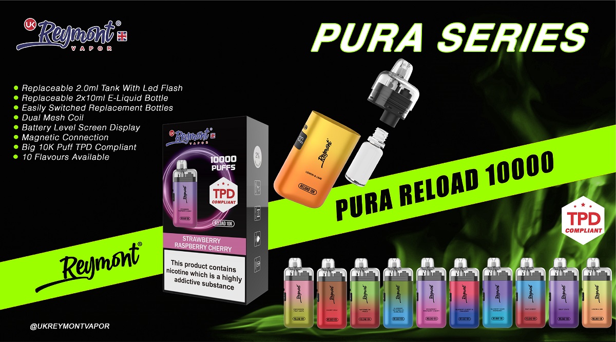 Reymont Pura Reload 10000 Puffs, Reymont Pura, Pura Reload, Reymont Reload 10K, TPD Big Puffs, TPD Compliant, Replaceable Dual Mesh Coil, Reymont Vape Pen, Disposable Vape Pen
