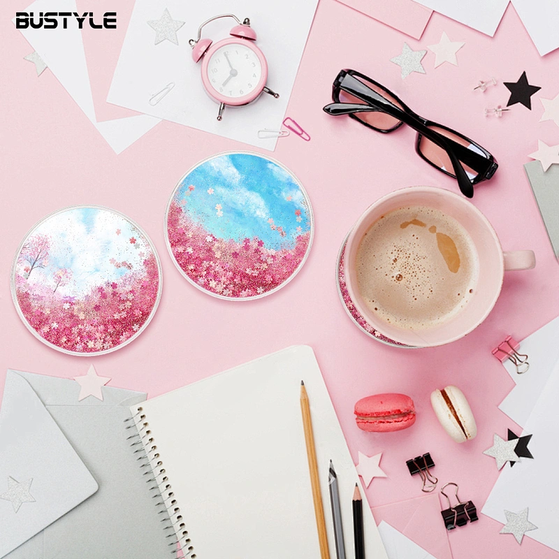 Fancy gift Customized printing quicksand shining glitter liquid round coffee cup coaster for home decoration