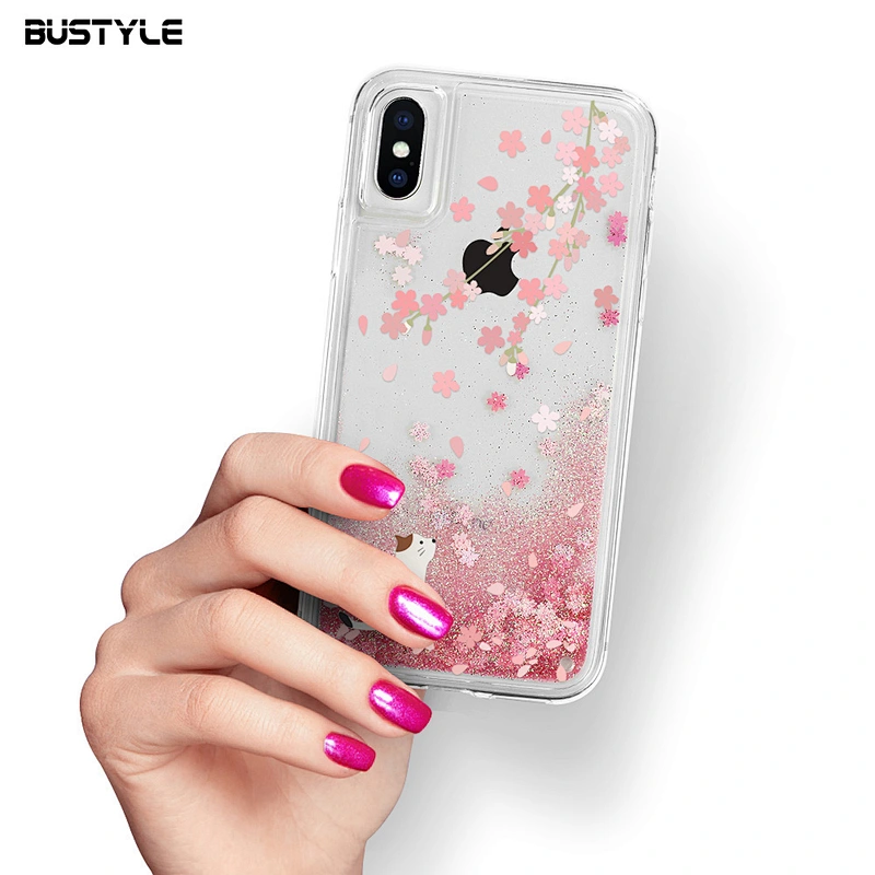 Pink sakura Glitter Dynamic Fancy bling bling shockproof Liquid Quicksand phone case for iPhone 6s 7 8 plus x xr xs max