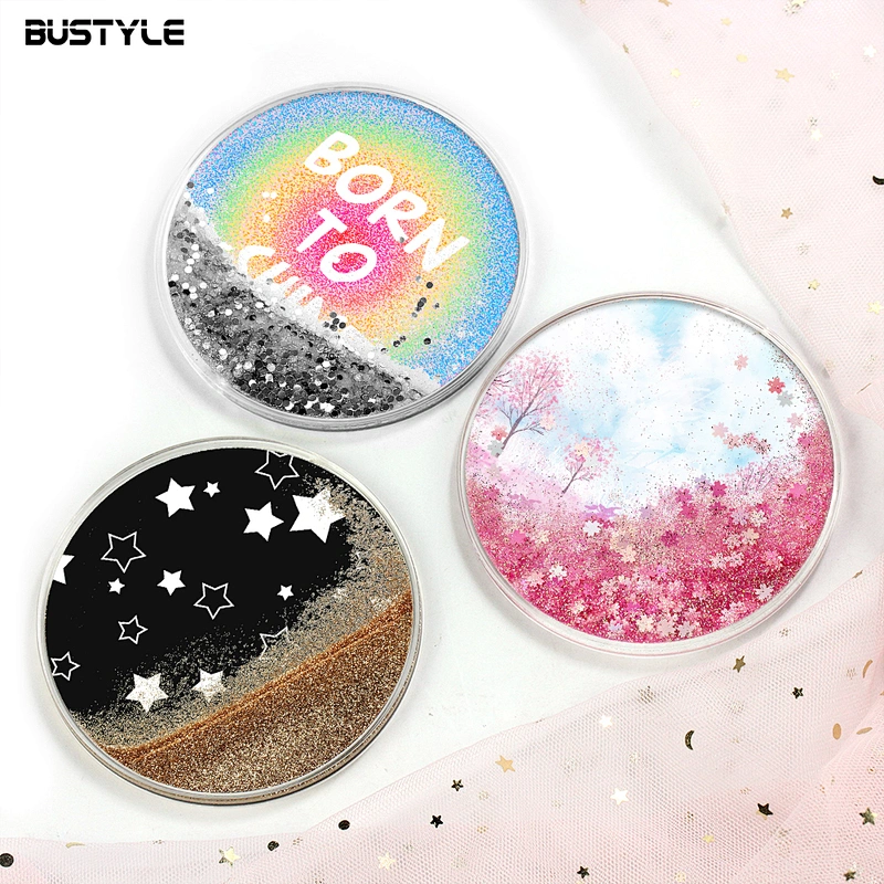 Fancy gift Customized printing quicksand shining glitter liquid round coffee cup coaster for home decoration