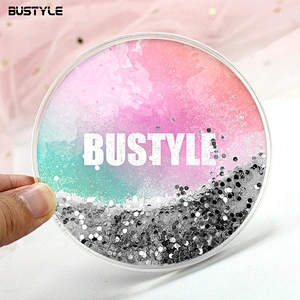 Fancy gift Customized printing quicksand shining glitter liquid round coffee cup coaster for home decoration