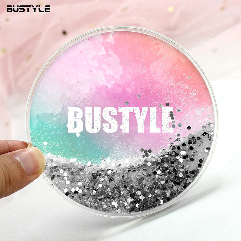Fancy gift Customized printing quicksand shining glitter liquid round coffee cup coaster for home decoration