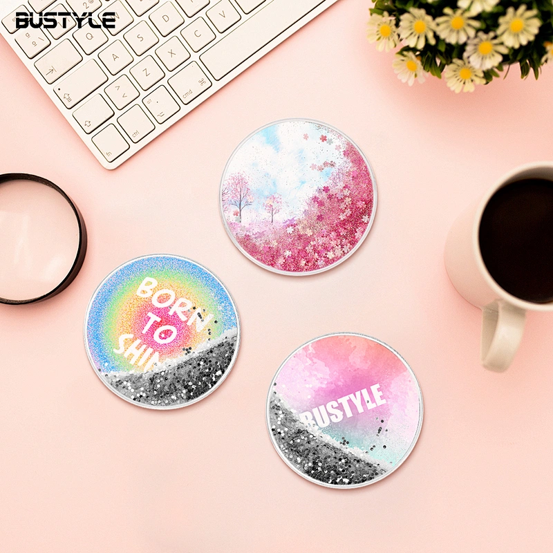 Fancy gift Customized printing quicksand shining glitter liquid round coffee cup coaster for home decoration