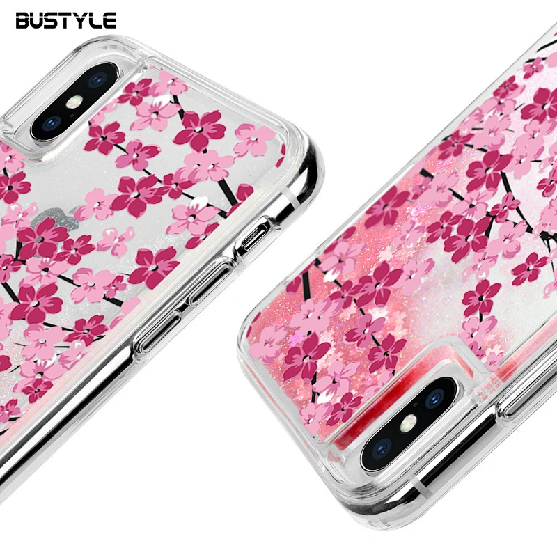 Pink sakura Glitter Dynamic Fancy bling bling shockproof Liquid Quicksand phone case for iPhone 6s 7 8 plus x xr xs max