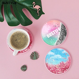 Fancy gift Customized printing quicksand shining glitter liquid round coffee cup coaster for home decoration