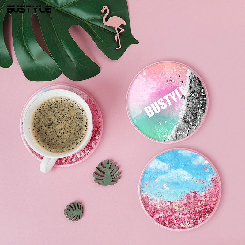 Fancy gift Customized printing quicksand shining glitter liquid round coffee cup coaster for home decoration