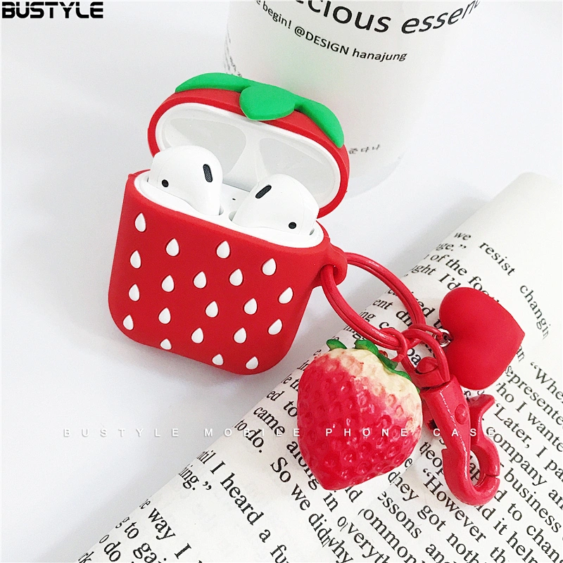 3D Strawberry cartoon Soft silicone case For Apple AirPods With Buckle