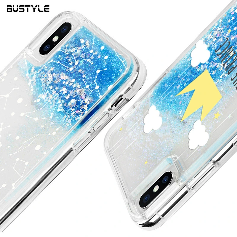 Free sample PC+TPU 2 in 1 bling bling blue sky glitter liquid stars quicksand full protection phone back cover for iPhone x xr xs max