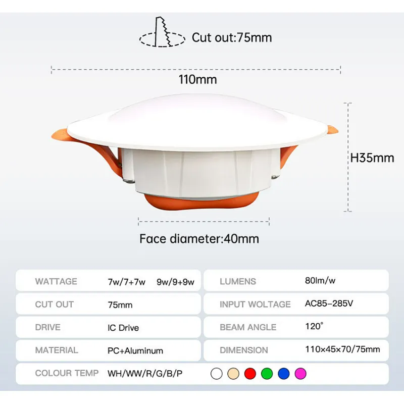 High brightness CCT 3000K 4000K 6000K downlight lamp commercial downlight 7W 9W recessed led downlight fixture for project