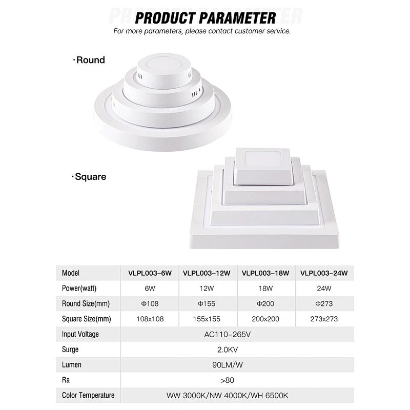 3w 6w 9w 12w 15w 18w 24w Mounted Indoor lamp Ceiling Home custom shape LED Surface round square panel light