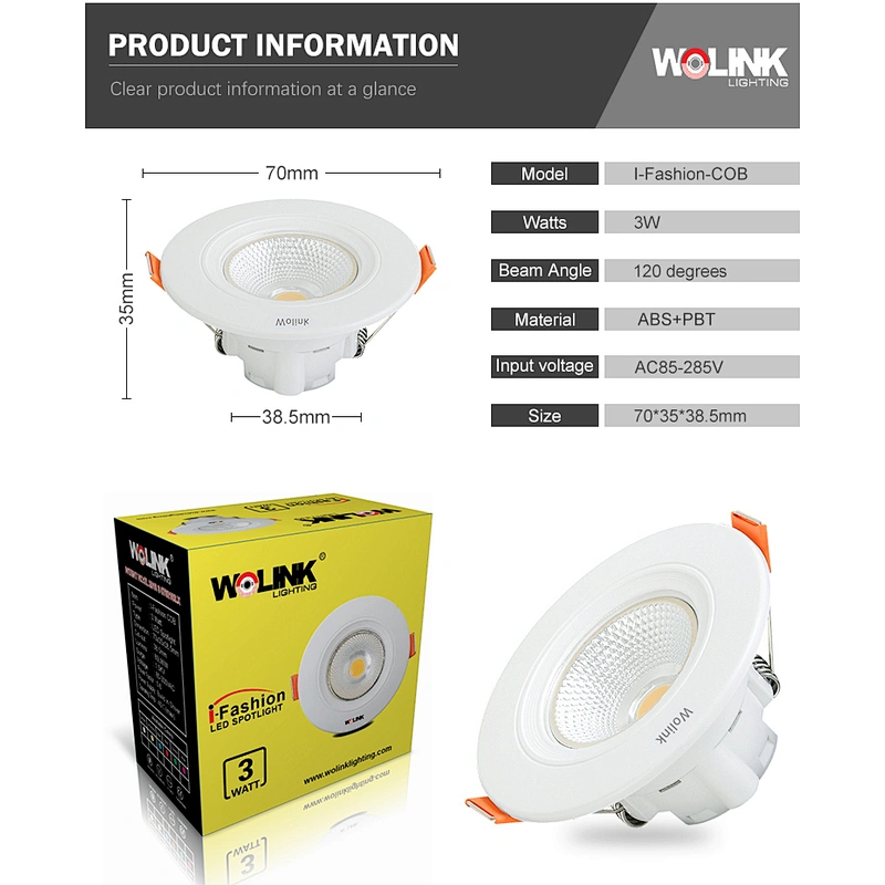 High quality 3W led downlight recessed led downlight plastic spotlight LED COB flush mount downlight
