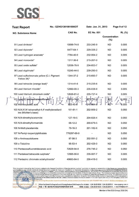 SGS REACH 138 Certificate for Bag Material -9|Melody Leather