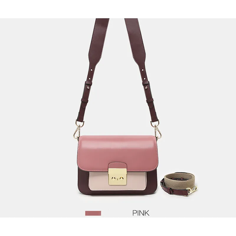 Wide shoulder straps real leather crossbody bag