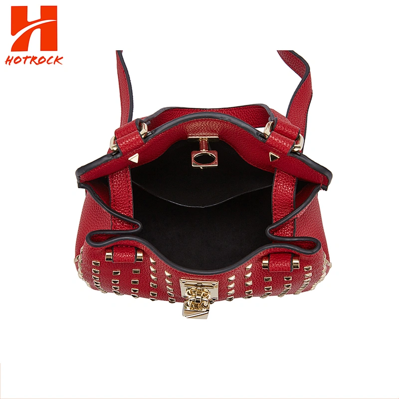 Red PU leather women crossbody bags metal rivet ladies handbags