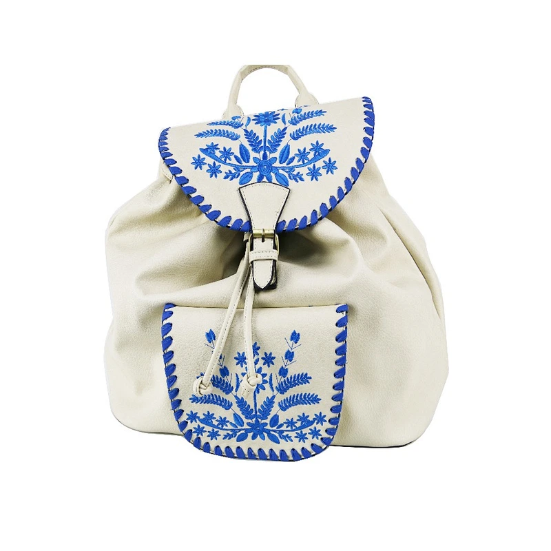 Hotrock 2 Pcs Embroidery White PU Leather Women Backpack and Crossbody Bag Set
