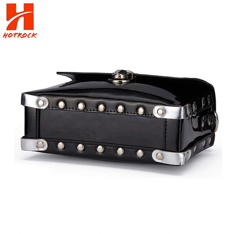Metal Top Handle Small Patent Pu Leather Satchel Handbags Black Shoulder Bags