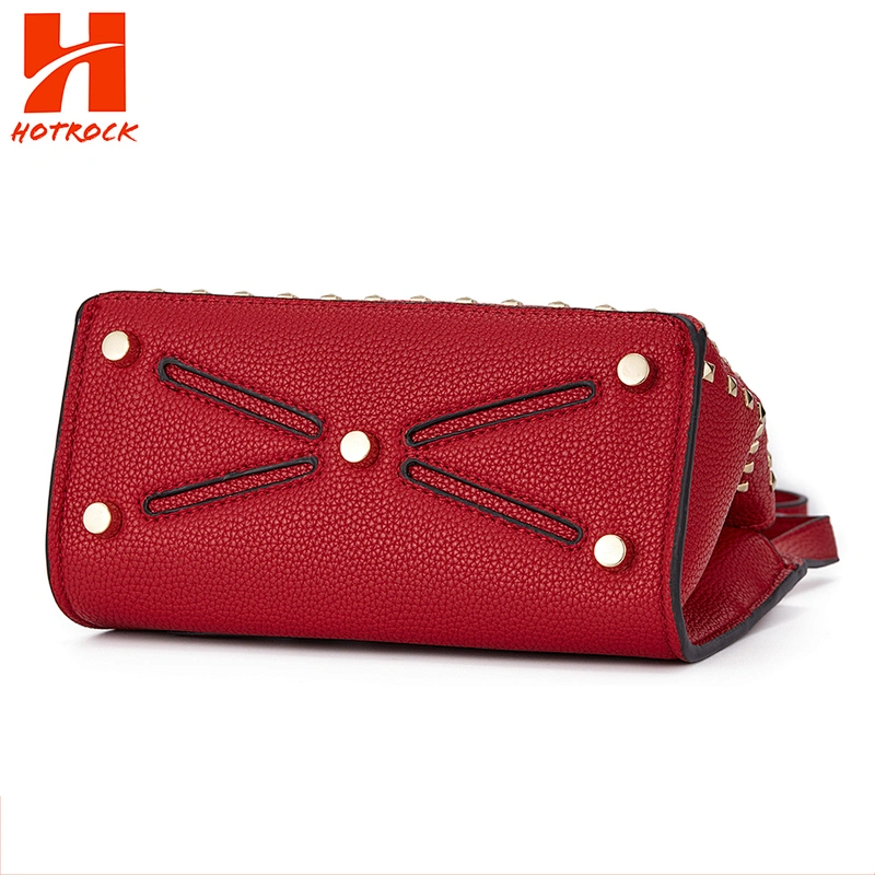 Red PU leather women crossbody bags metal rivet ladies handbags