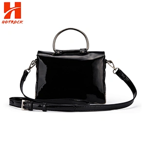 Metal Top Handle Small Patent Pu Leather Satchel Handbags Black Shoulder Bags