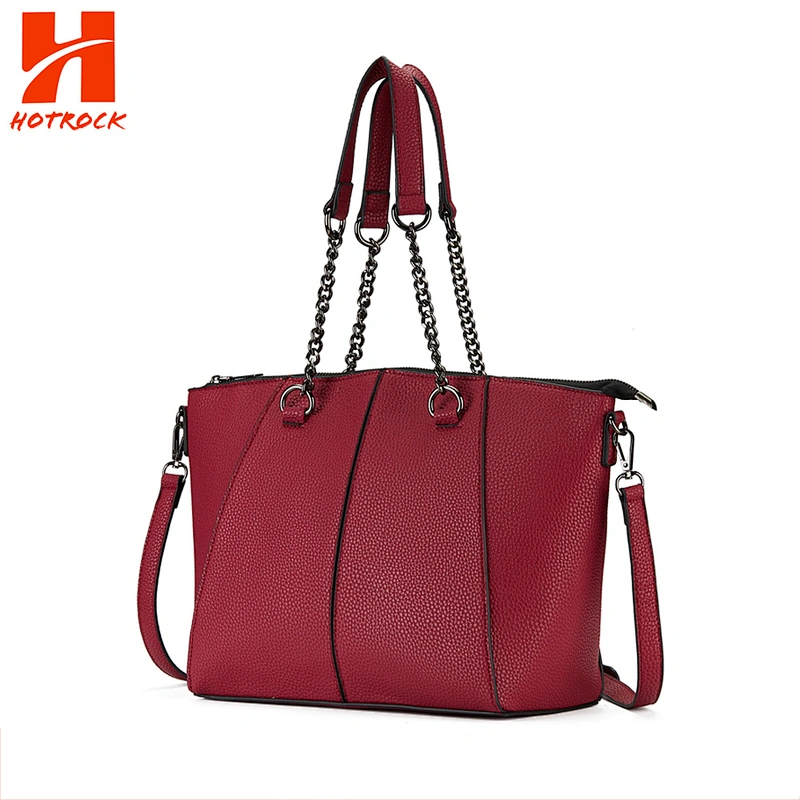 China Best Supplier Women Totes New Designer Rose Madder Pu Leather Tote Bags with Chain Strap