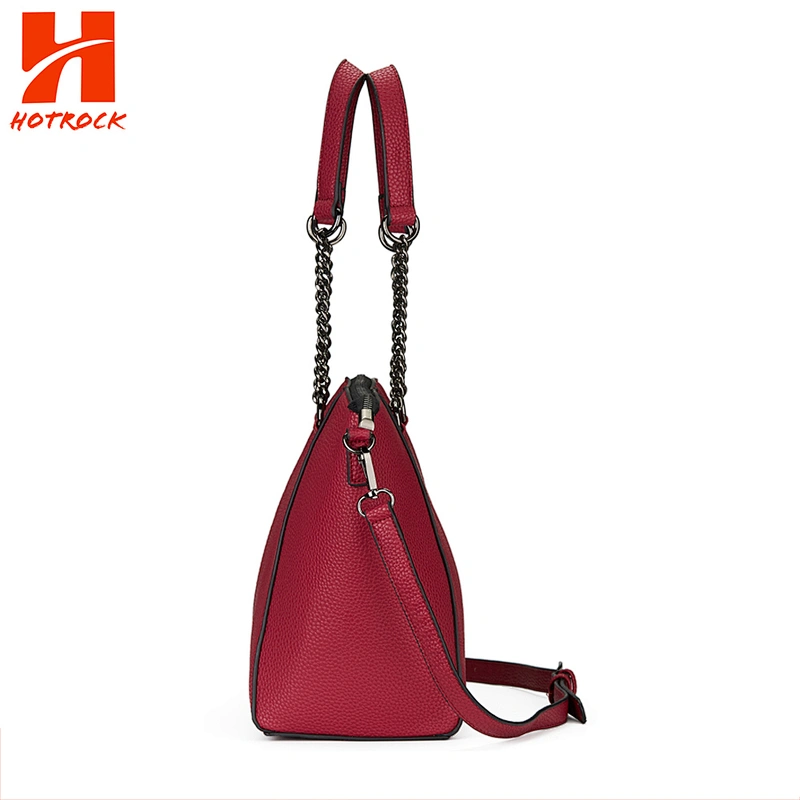 China Best Supplier Women Totes New Designer Rose Madder Pu Leather Tote Bags with Chain Strap
