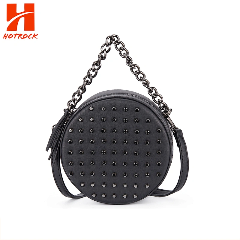 Lady Black PU Leather Crossbody Bags factory direct OEM Rivet Round Bags with Chain