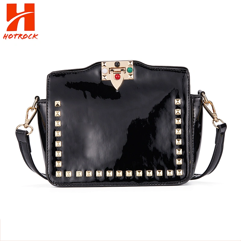 Fashion Black Patent Colorful Rivet Stud PU Shoulder Handbag