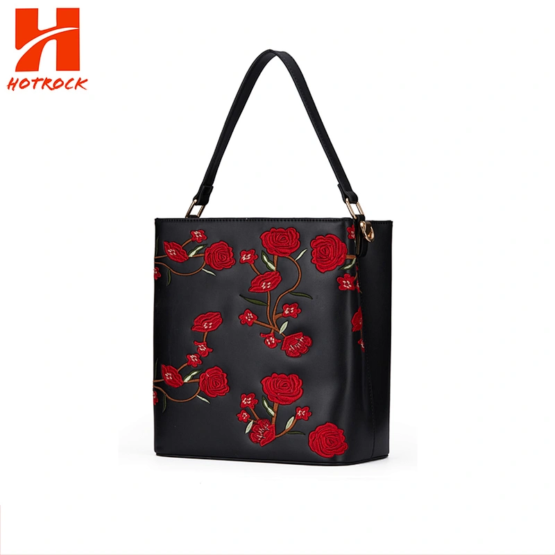 OEM Black PU Leather Floral Embroidered Multi Spaced Ladies Bags Set