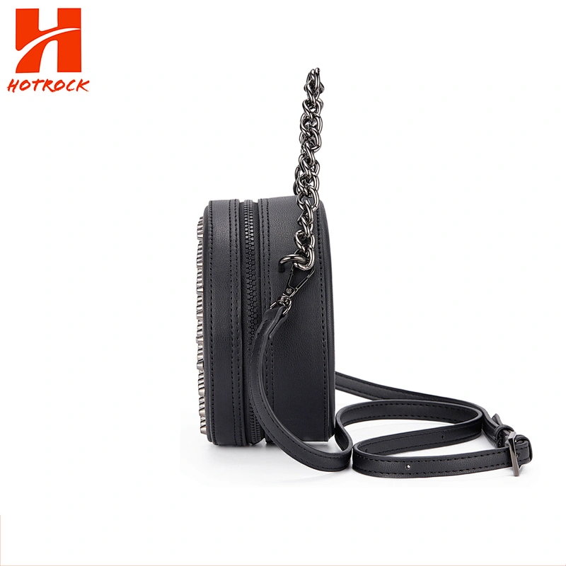 Lady Black PU Leather Crossbody Bags factory direct OEM Rivet Round Bags with Chain
