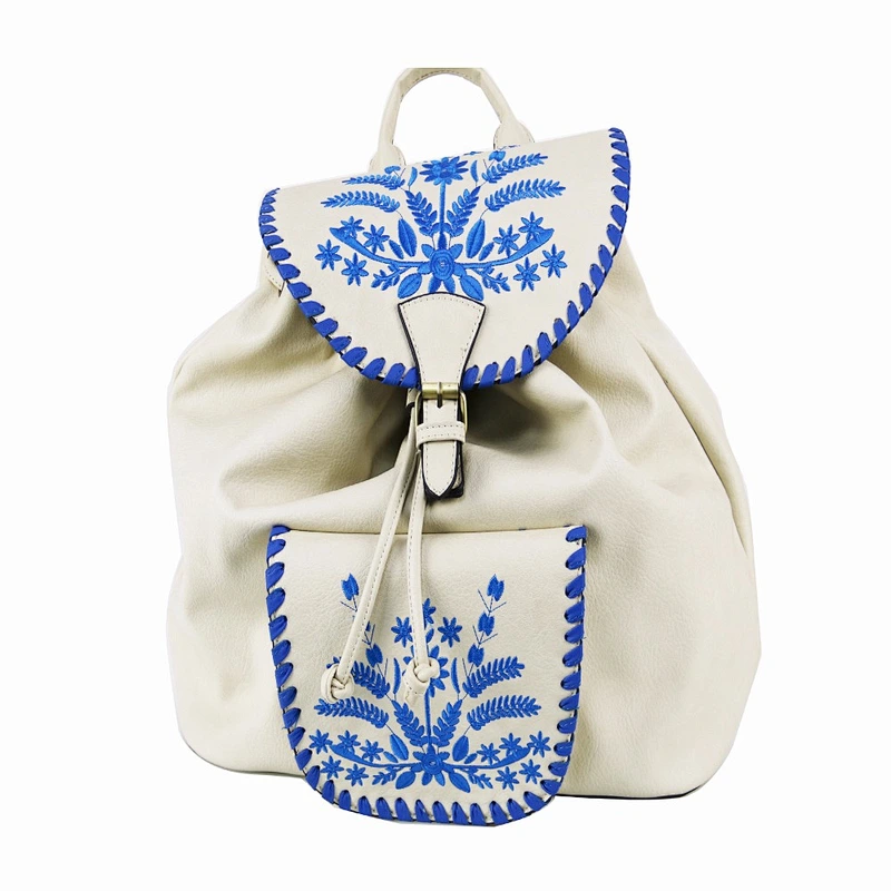 White PU Leather Backpack and Crossbody Bags Embroidery Women Bag Set
