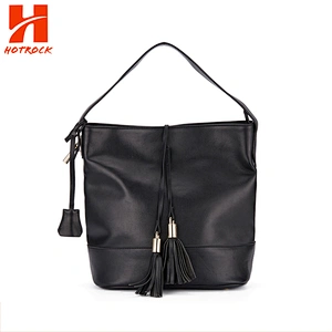 Black Pu Leather women bags faux leather Bucket Tote Bags with tassel pendant